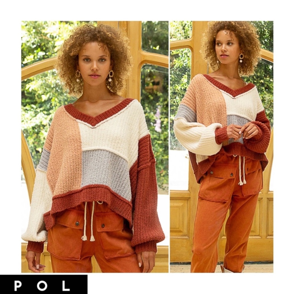 Pol Chenille V-Neck Color Block Sweater